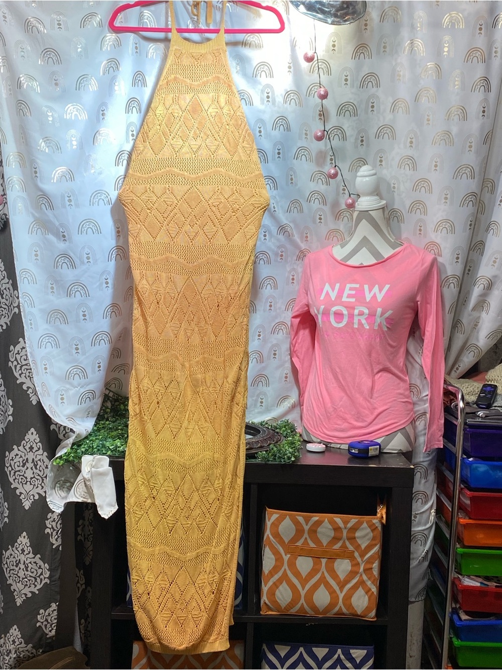 Haute Monde Mustard Yellow Crochet Halter Maxi Dress